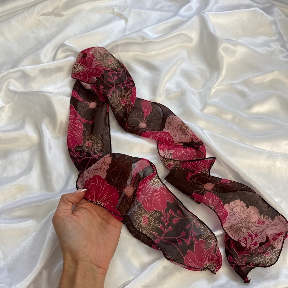 Vintage Floral Sheer Scarf Pink Brown Y2K Retro Neck Tie Accessory - Picture 3 of 3